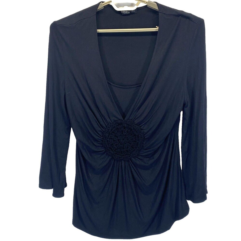Grace Elements Women’s Shirt Large Black Long Slv V-Neck Crochet Element Stretch